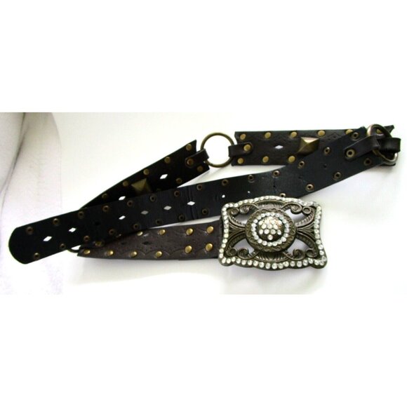 Unbranded Accessories - Brown Women's Western Belt - Faux Leather - Rhinestone Carved Buckle - 36 inches